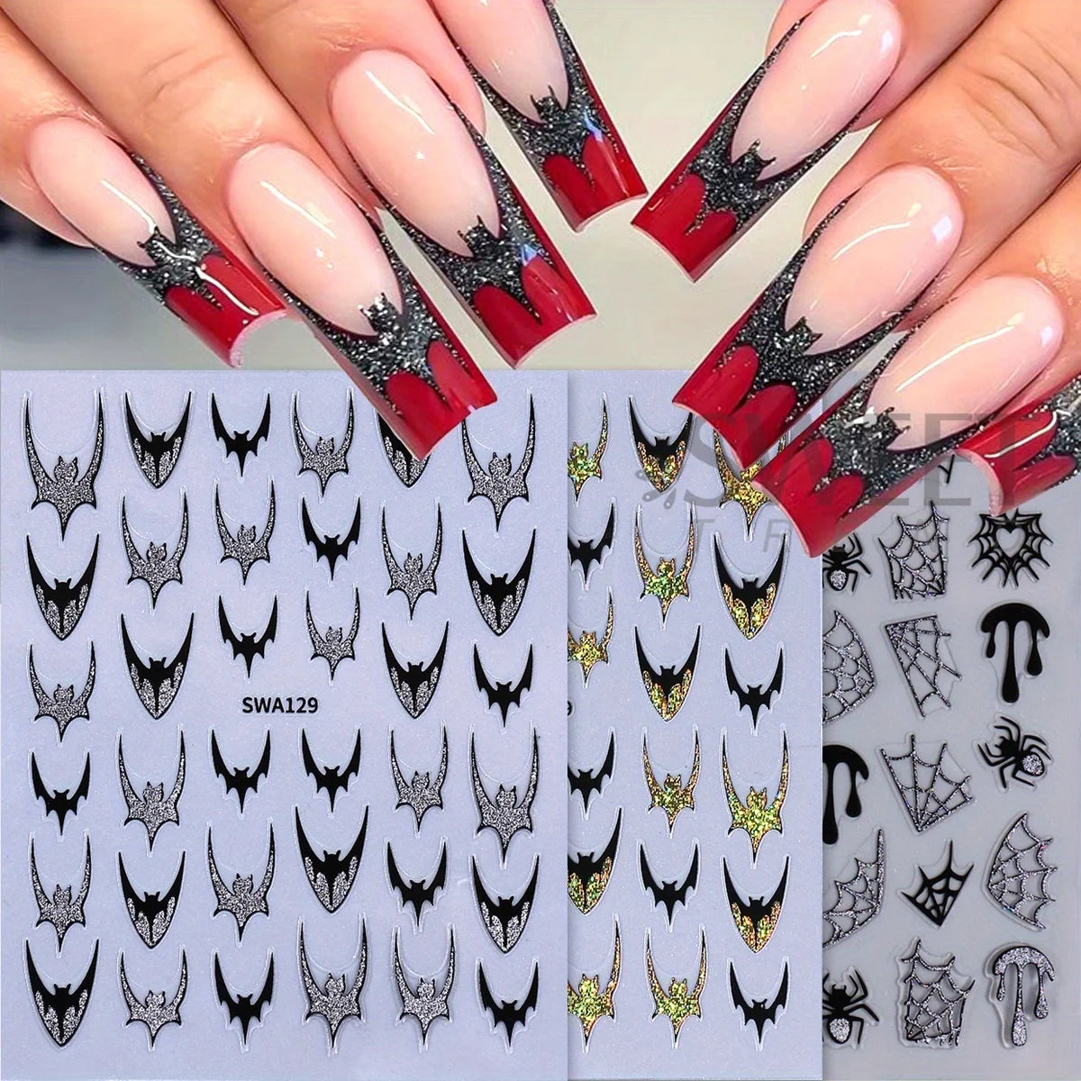 Glitter Bat Halloween Nail Stickers – Spider Web & Heart Decals Halloween Nail Stickers PLUSH