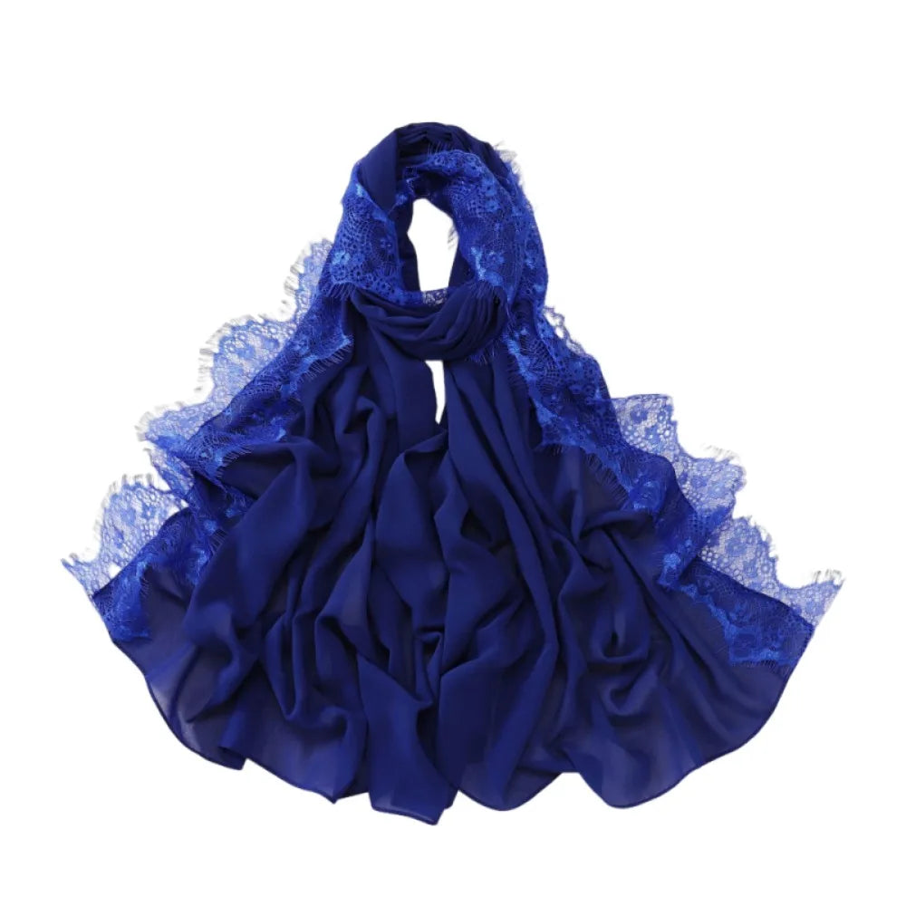 Women's Chiffon Hijab Scarf – Soft Lace Trim Long Shawl Wrap Hijab Head Scarf PLUSH Sapphire Blue