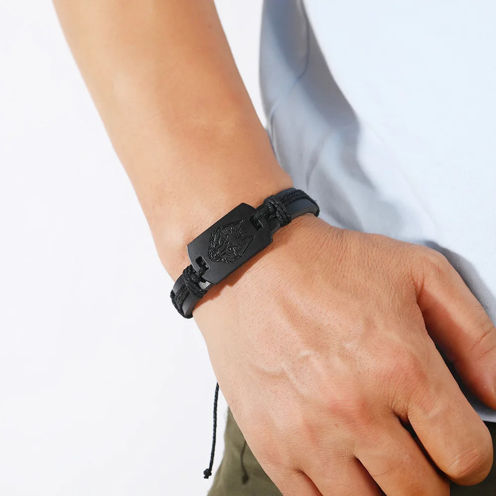 Men's Retro Wolf Charm Leather Bracelet – Adjustable Black Leather Charm Bracelet PLUSH