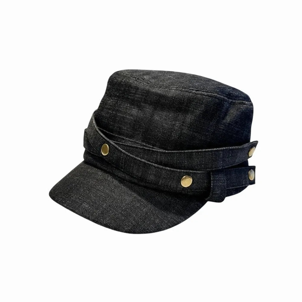Washed Denim Flat Cap – Vintage Visor Hat Adjustable Strap Denim Flat Cap PLUSH Black