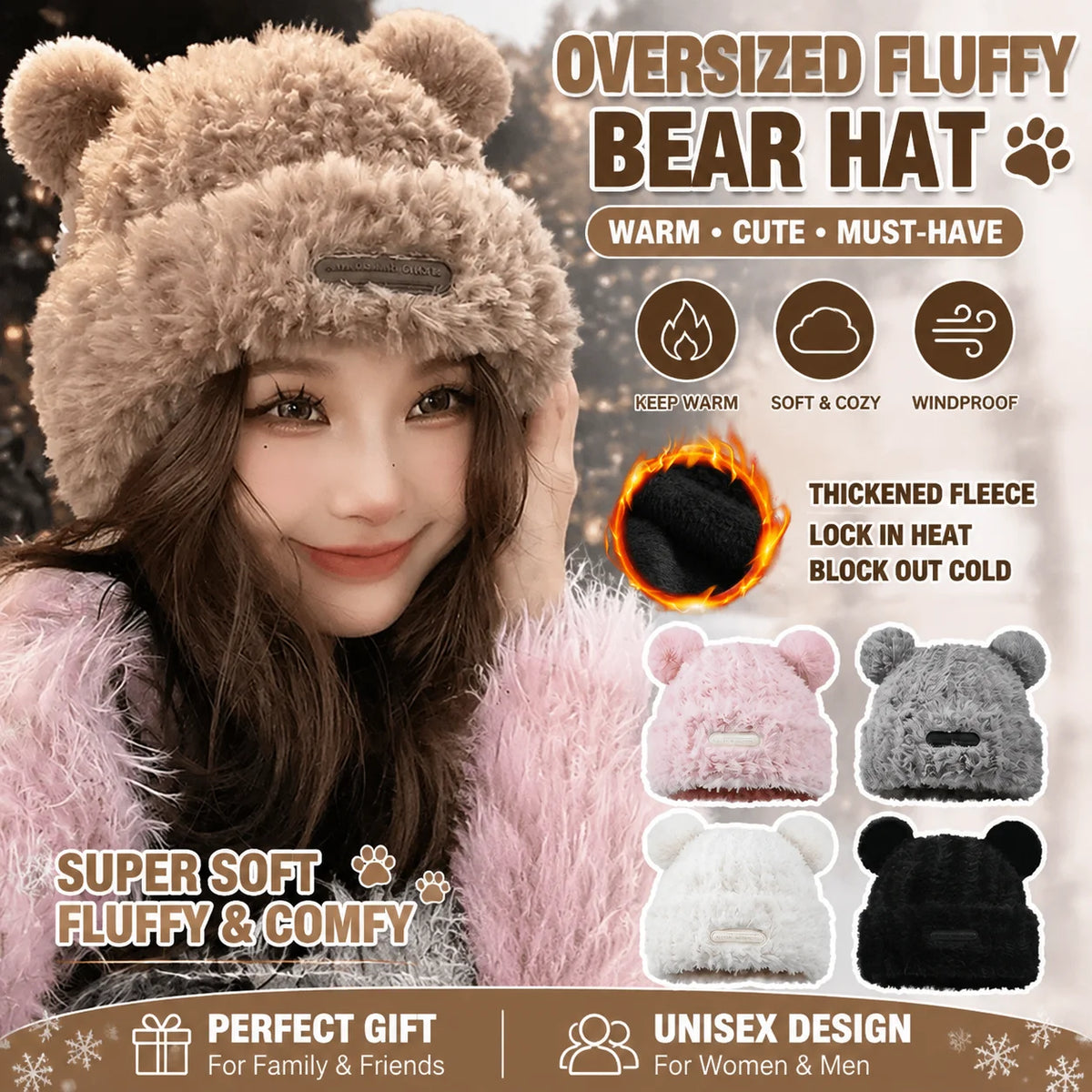 Fluffy Bear Knit Beanie – Chunky Fleece Winter Hat Women Winter Knit Beanie PLUSH