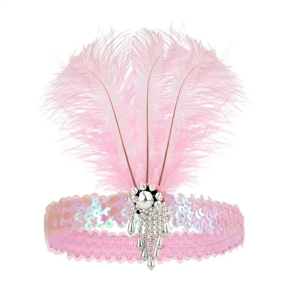 Vintage 1920s Feather Headband – Sequin Rhinestone Headpiece Feather Headband PLUSH Pink