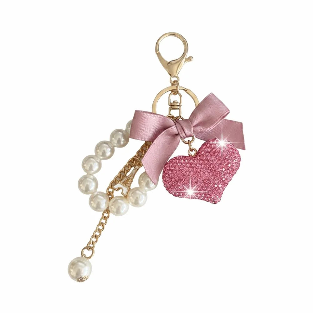 Pearl Bowknot Heart Keychain – Handmade Alloy Bag Charm Bag Charm Keychain PLUSH