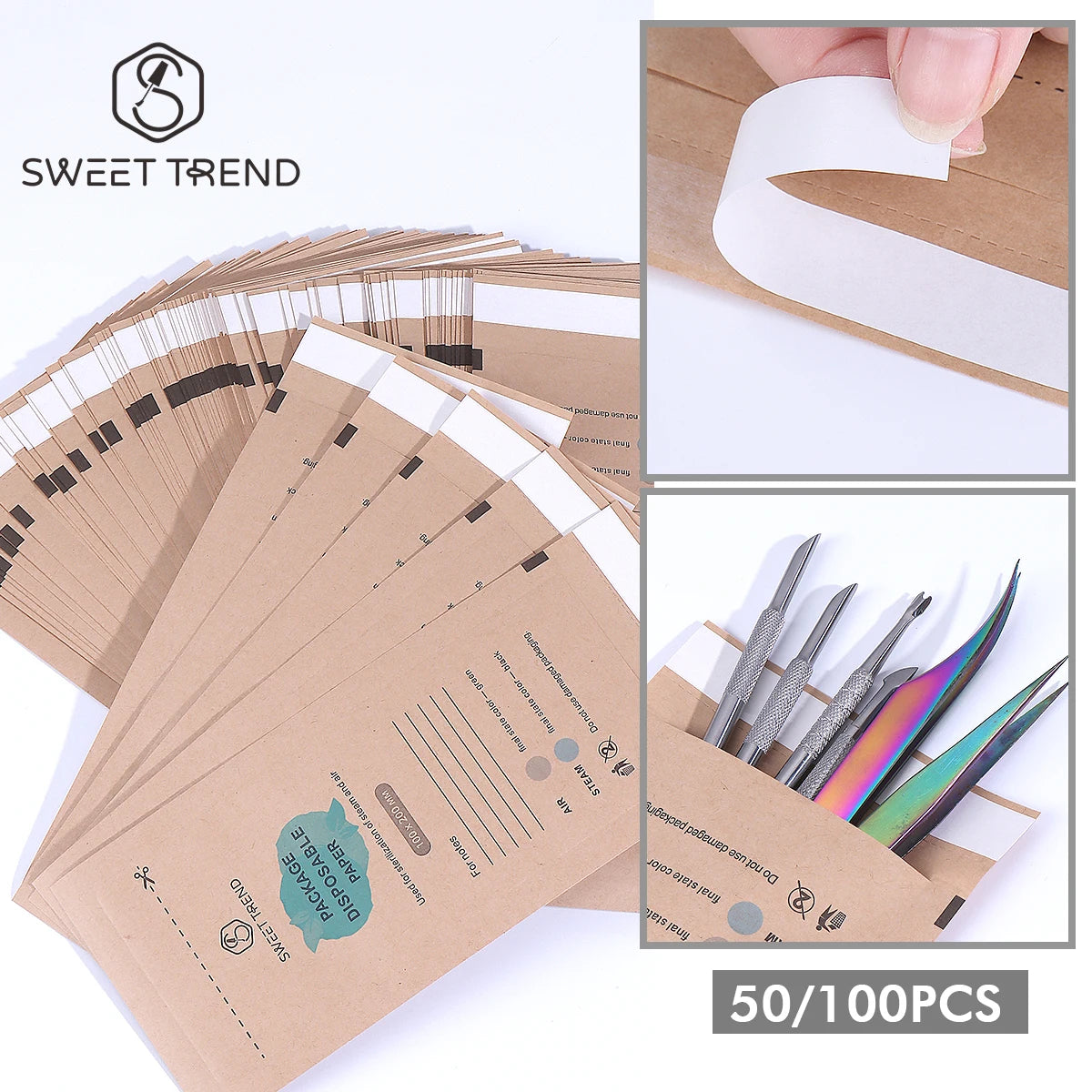 Kraft Paper Self-Sealing Sterilization Bags 50/100pcs Nail Tools Sterilization Pouches PLUSH