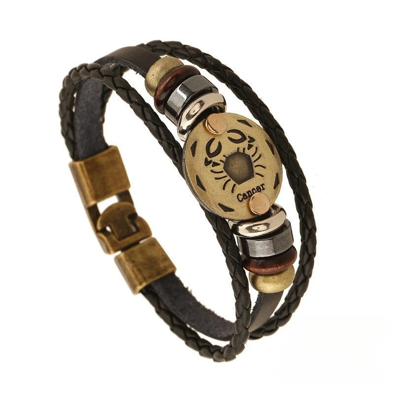 Retro Zodiac Constellation Leather Charm Bracelet – 12 Signs Leather Charm Bracelet PLUSH Cancer