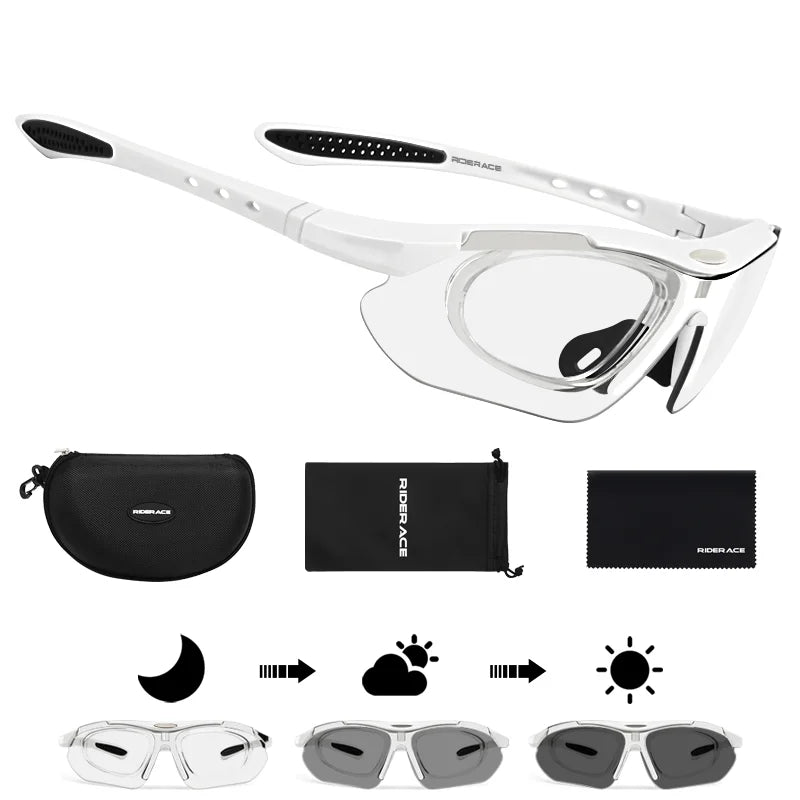 RIDERACE Photochromic Cycling Sunglasses MTB Road Bike Cycling Sunglasses PLUSH White