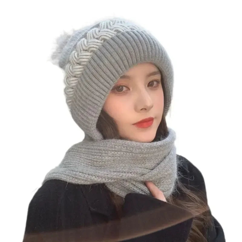 Women's Fleece Knit Hat & Scarf Set – Windproof Winter Winter Hat Scarf Set PLUSH Grey Hat 3PCS