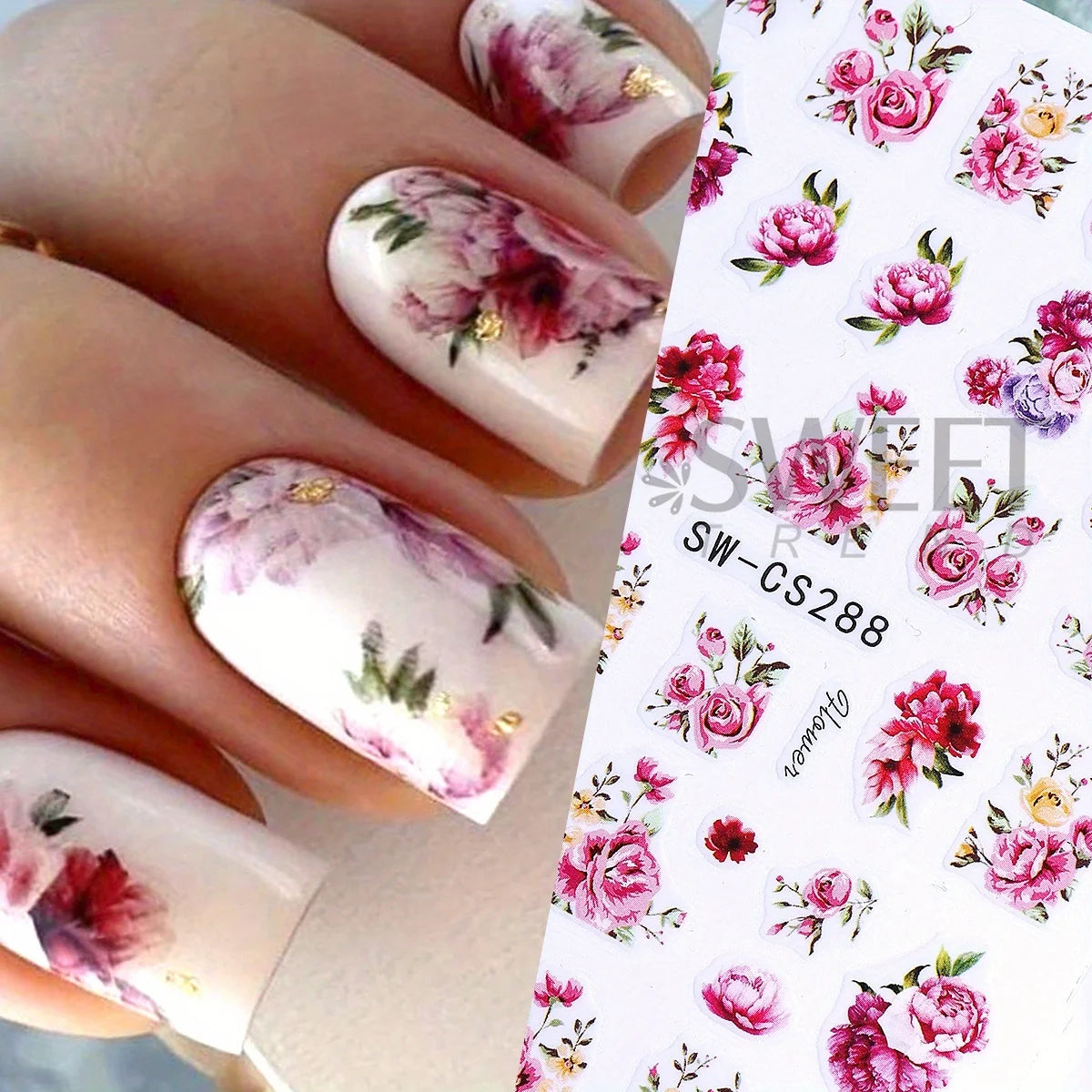 Blooming Flower Nail Art Stickers Peony Rose Floral Decals 2pc Nail Art Stickers PLUSH