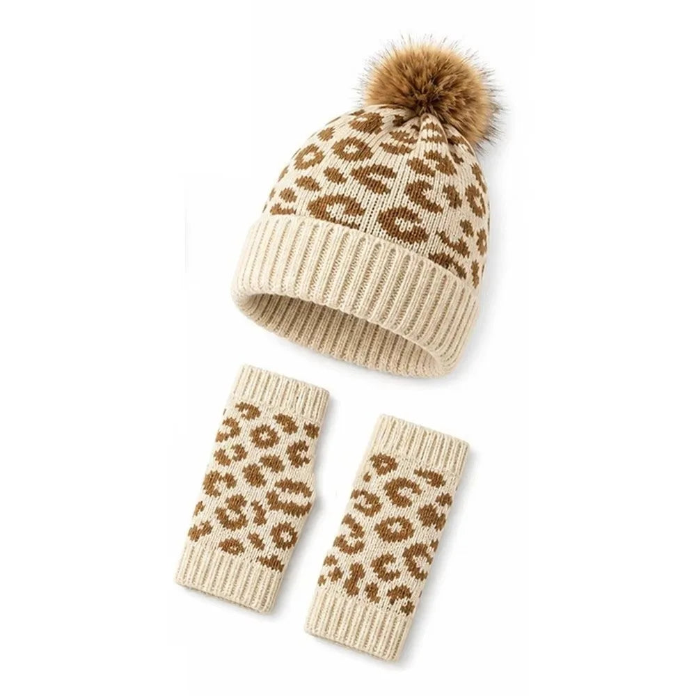 Women's Leopard Print Knit Beanie & Mittens Set – 2 Pcs Beanie & Mittens Set PLUSH Beige