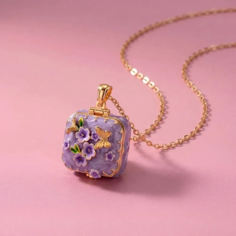 Vintage Square Locket Necklace – Enamel Floral Butterfly Pendant Locket Pendant Necklace PLUSH