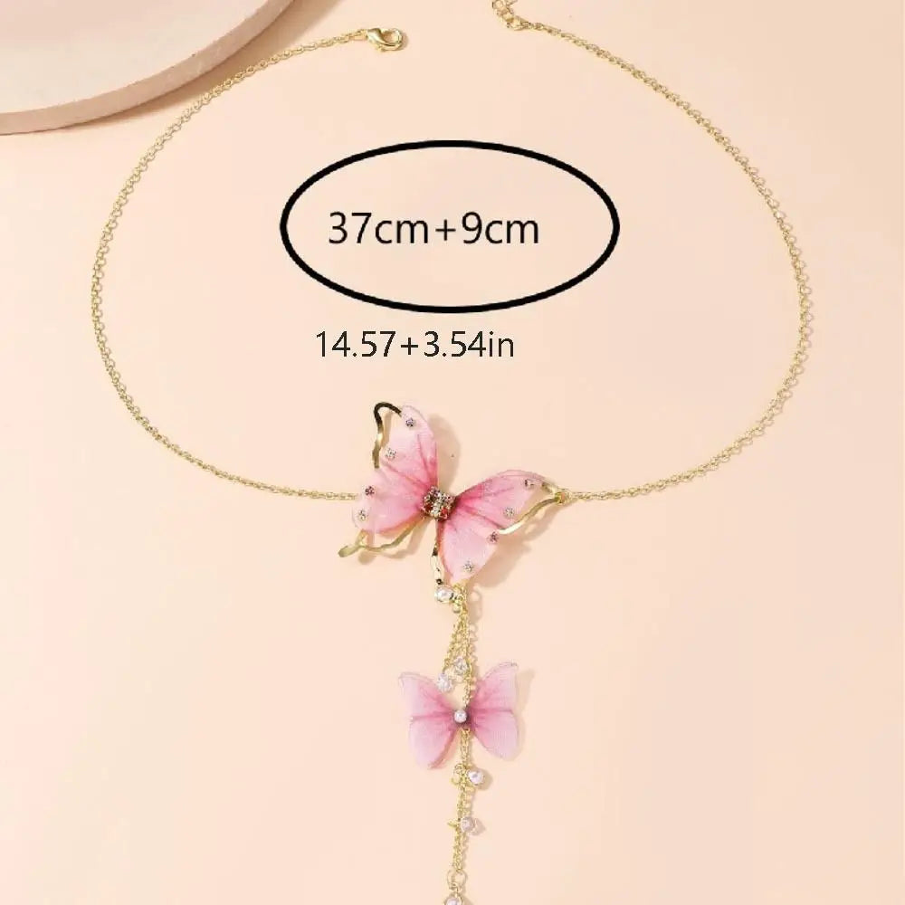 Tulle Butterfly Pendant Necklace – Rhinestone Pearl Korean Style Pendant Necklace PLUSH