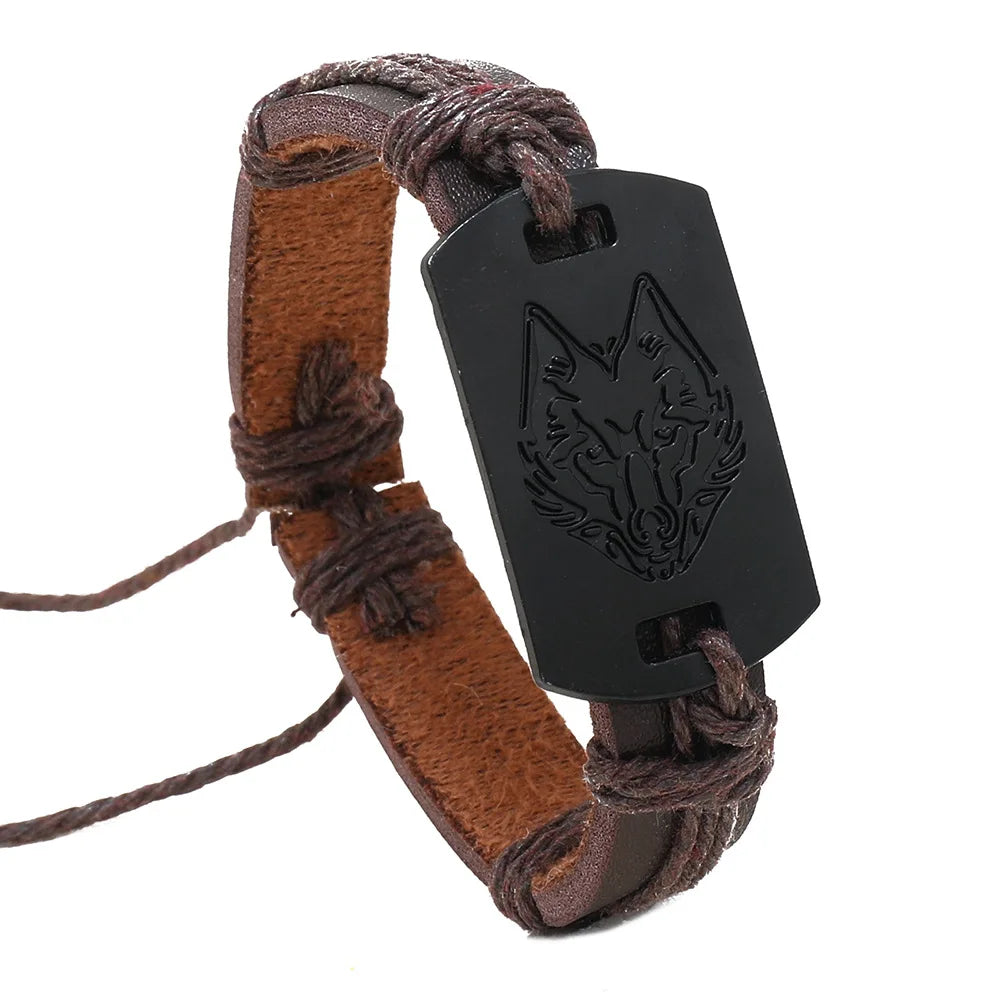 Men's Retro Wolf Charm Leather Bracelet – Adjustable Black Leather Charm Bracelet PLUSH Brown