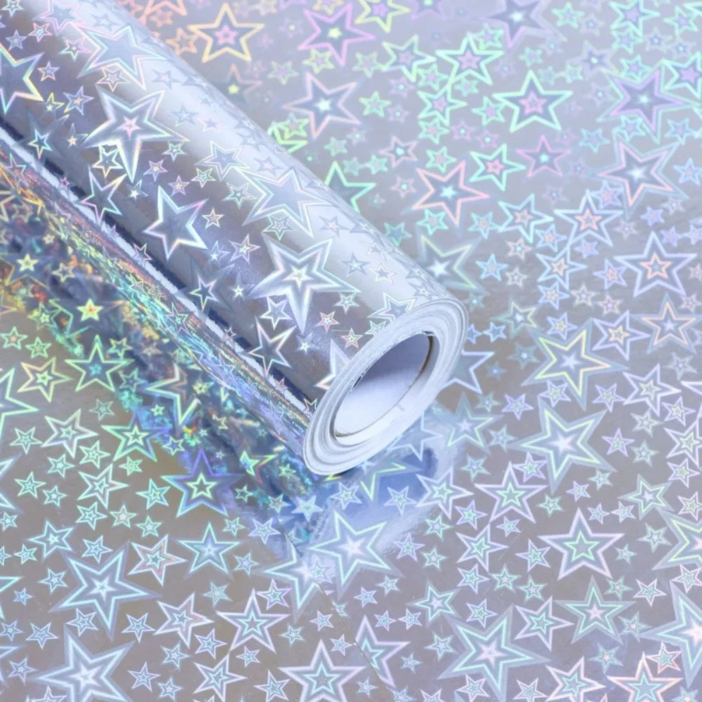 Gradient Laser Wrapping Paper Roll 43×300cm – Holographic Gift Wrapping Paper PLUSH Silver Star River