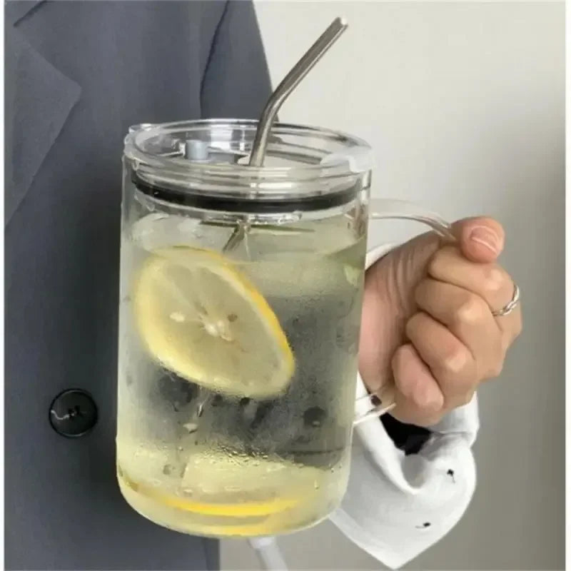 1L Glass Tumbler with Lid & Straw – Large Transparent Cup Glass Tumbler PLUSH