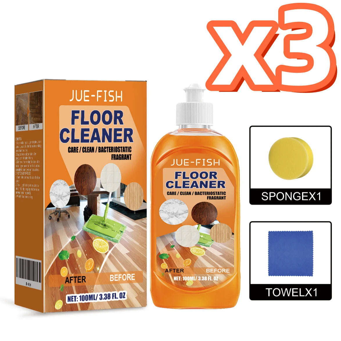 Jue-Fish Multi-Surface Floor Cleaner Kit – Tile & Wood Floor Cleaner Kit PLUSH 100ml Boxed X 3PCS