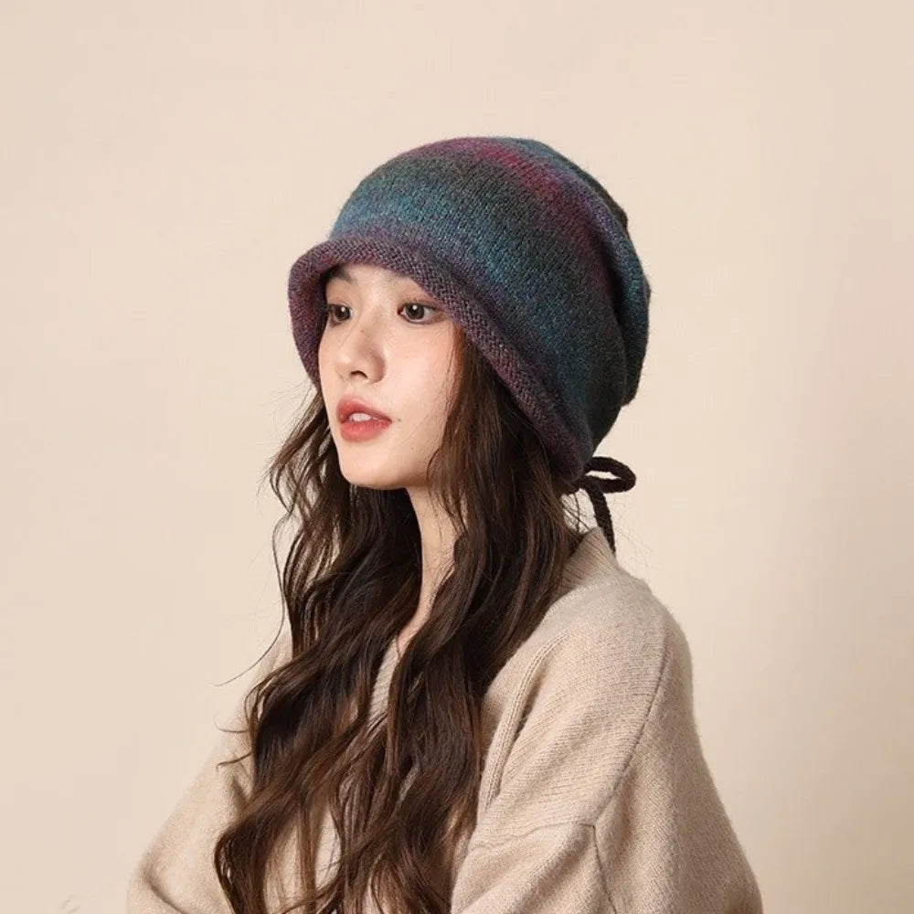 Gradient Knit Beanie Hat – Rolled Brim Drawstring Streetwear Cap Knit Beanie Hat PLUSH