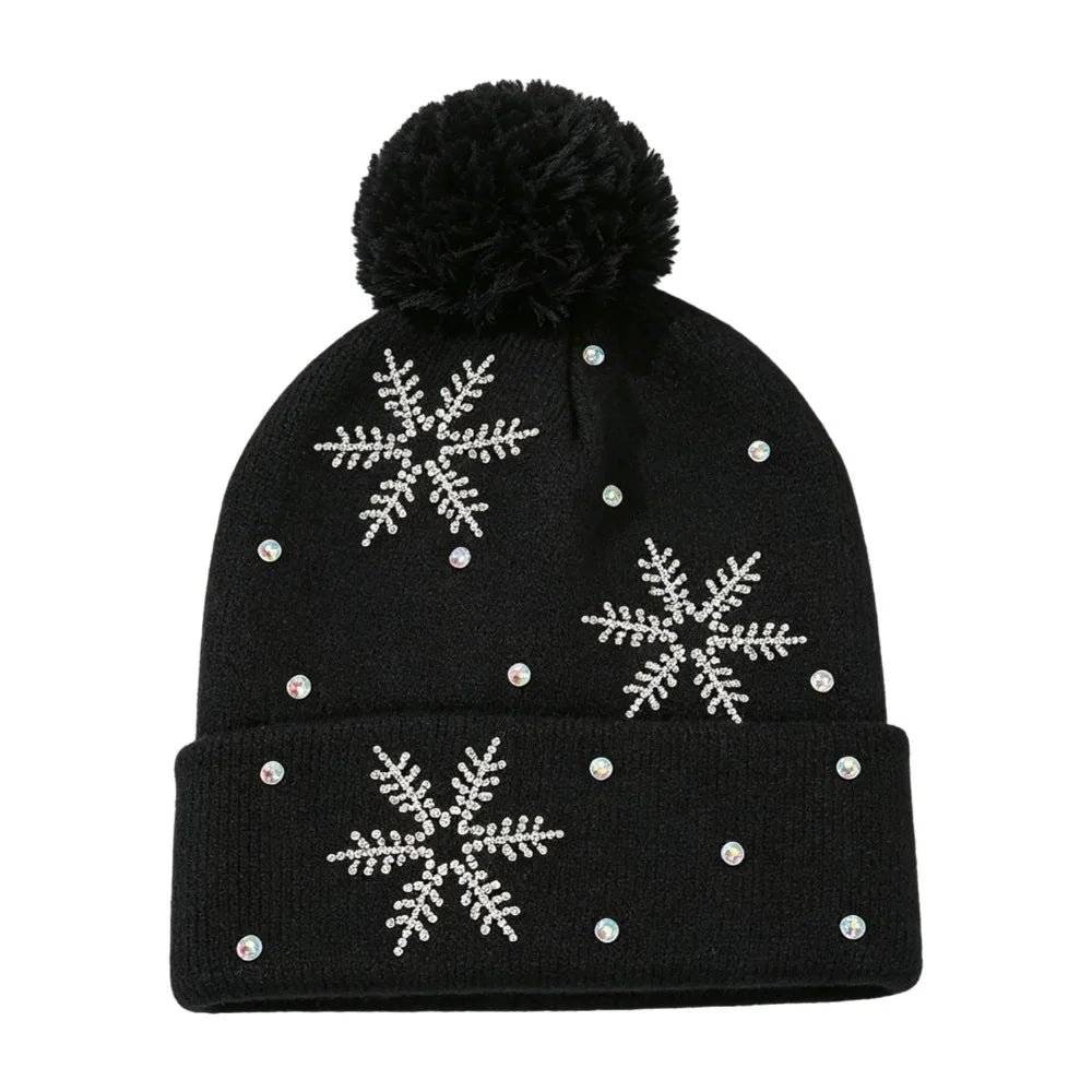 Women's Rhinestone Snowflake Knit Beanie – Warm Winter Hat Winter Knit Beanie PLUSH Black