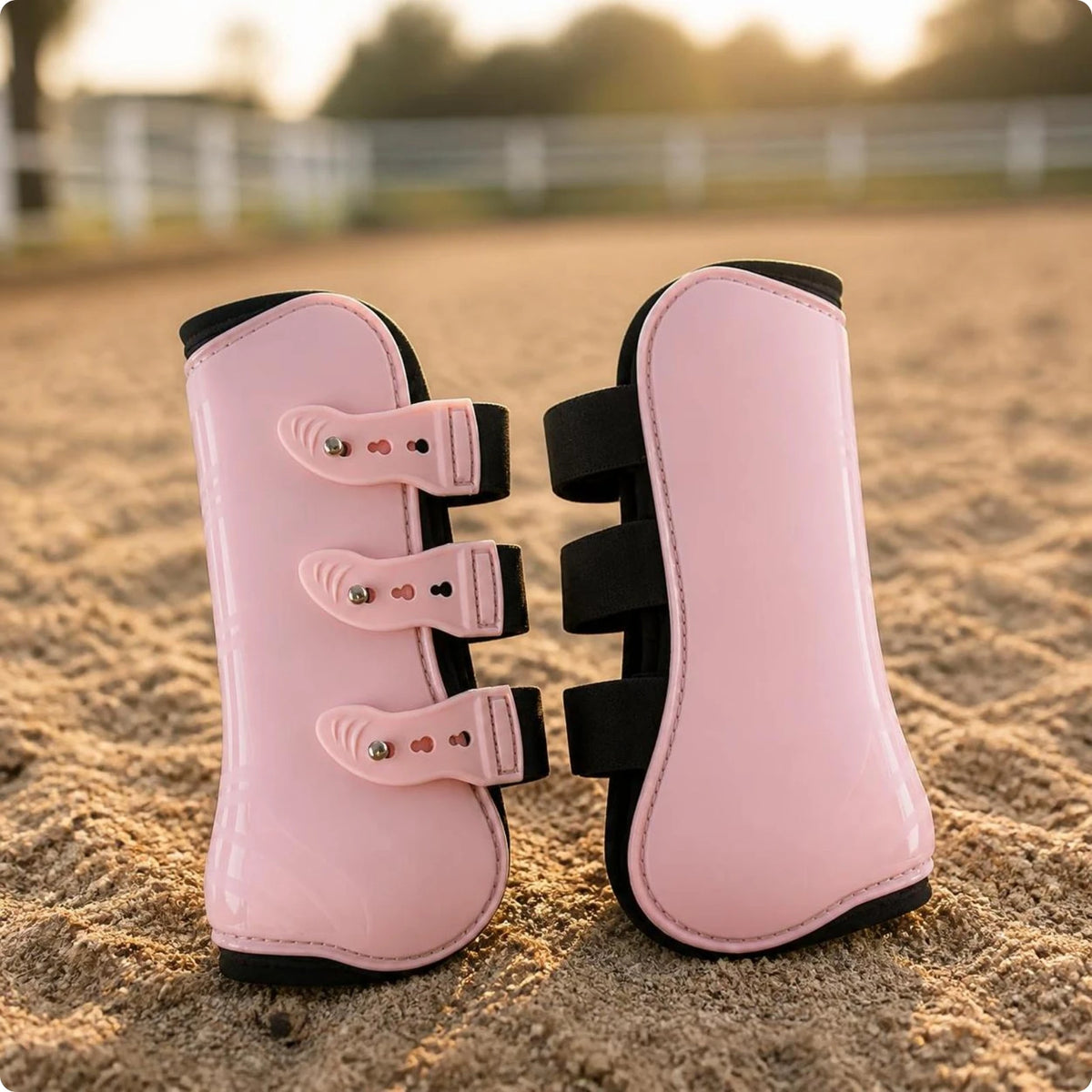 Horse Front Leg Tendon Boots – Adjustable Equestrian Guard Horse Tendon Boots PLUSH Pink M-front