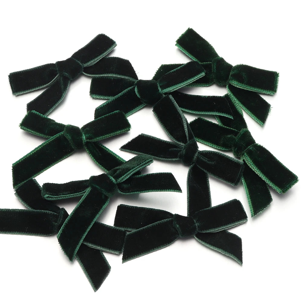 10pcs Velvet Flocking Bow Ribbons 1cm – DIY Hair & Gift Decor Velvet Bow Ribbons PLUSH dark green