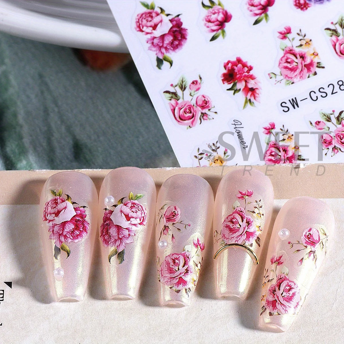 Blooming Flower Nail Art Stickers Peony Rose Floral Decals 2pc Nail Art Stickers PLUSH
