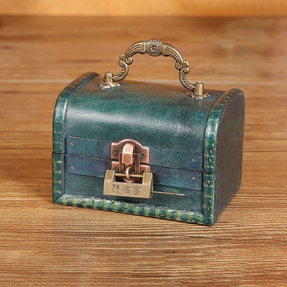 Vintage Wooden Suitcase Jewelry Box – Antique Retro Organizer Jewelry Storage Box PLUSH Green-Style 1