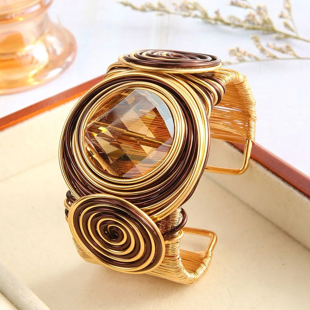 Bohemian Brown Rhinestone Wire Cuff Bracelet – Handmade Women Cuff Bracelet PLUSH Brown