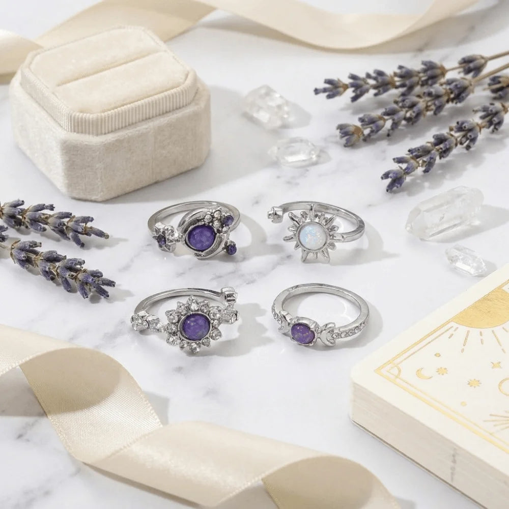 Vintage Gold Sun Moon Stackable Ring Set – 4pcs Purple Gem Stackable Ring Set PLUSH