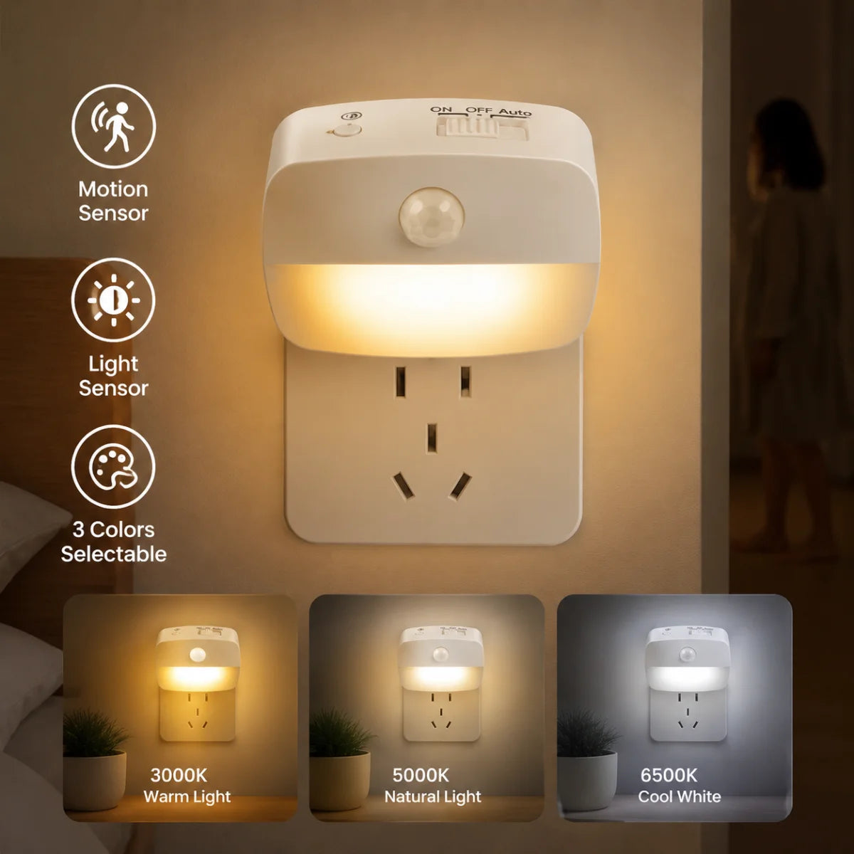 Motion Sensor LED Night Light – 3 Modes, EU/US Plug LED Night Light PLUSH