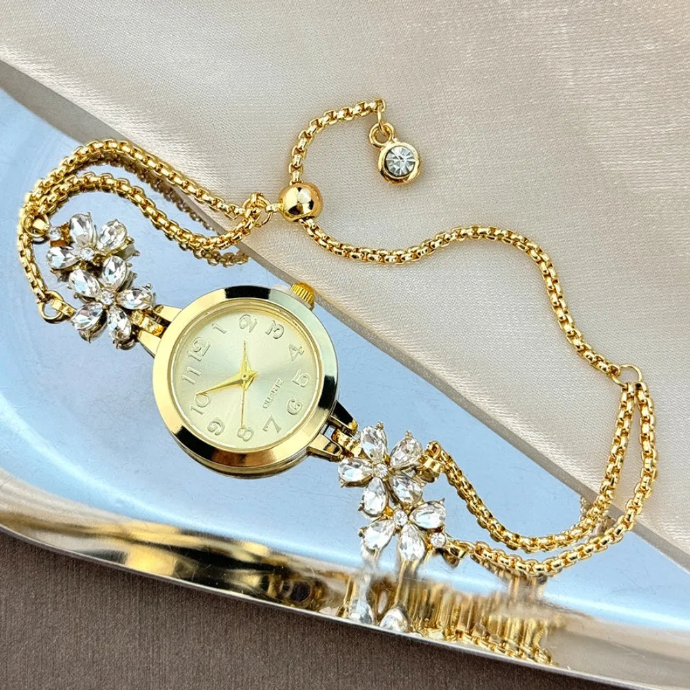 Women's Flower Quartz Bracelet Watch – Double Chain Oval Dial Women's Bracelet Watch PLUSH Gold