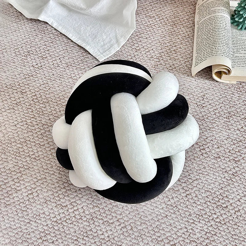 Handmade Dual-Tone Knotted Ball Pillow – Soft Fluffy Cushion Decorative Cushion PLUSH white and black 22x22cm