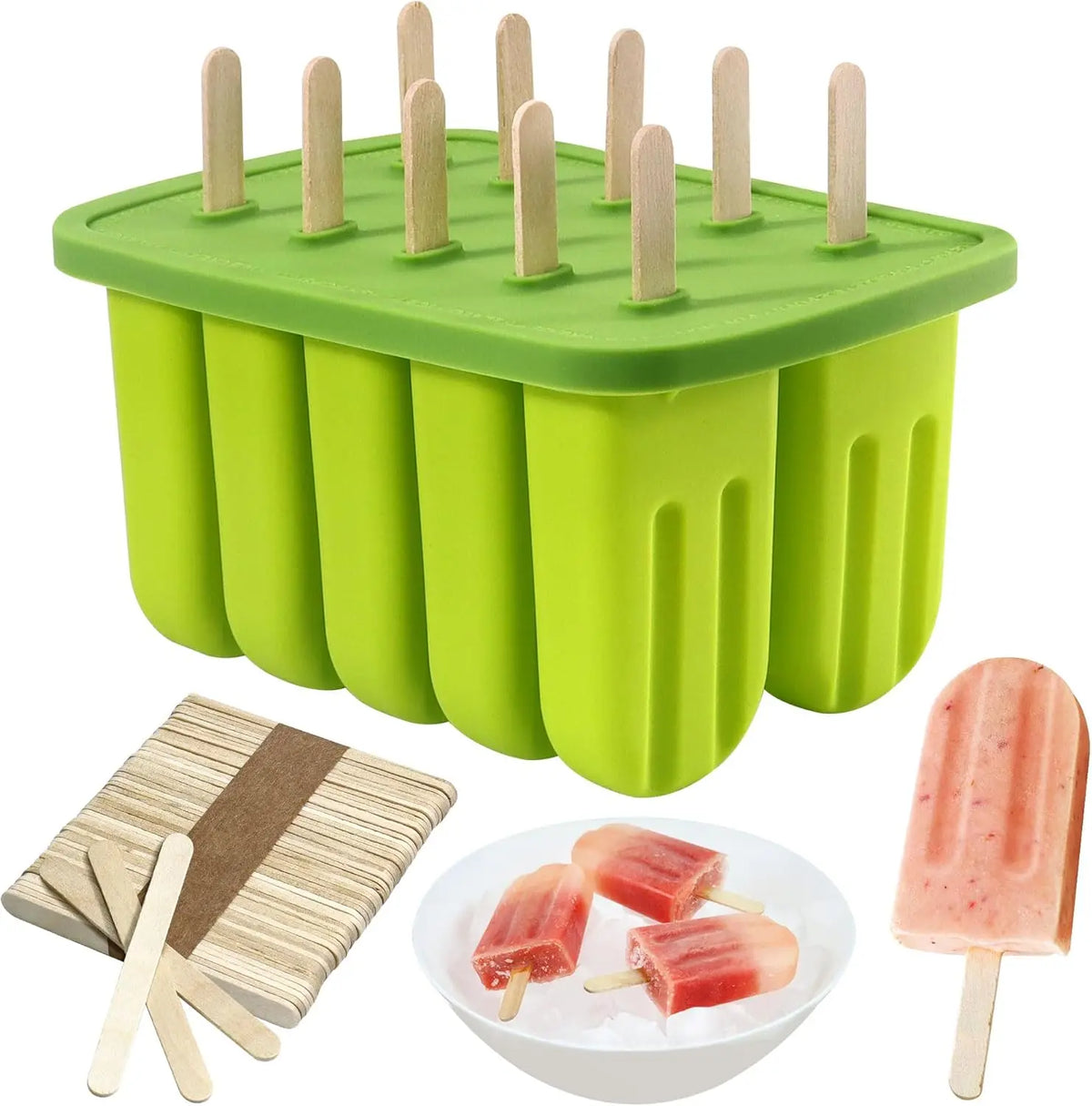 10-Cavity Silicone Popsicle Molds with 50 Sticks – Easy Release Popsicle Mold Set PLUSH