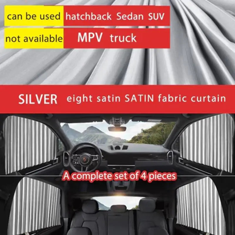 Retractable Car Sunshade Curtains 4pc – Universal UV & Heat Block Car Sunshade Curtain PLUSH Silver