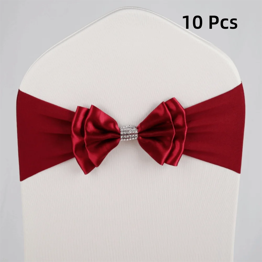 10pcs Satin Bow Chair Sashes – Elastic Spandex, No-Tie Chair Sash Bows PLUSH Dark Red