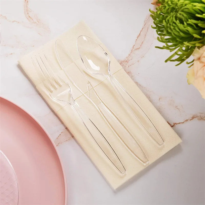 100pcs Clear Disposable Plastic Cutlery Set – Fork Spoon Knife Disposable Cutlery Set PLUSH