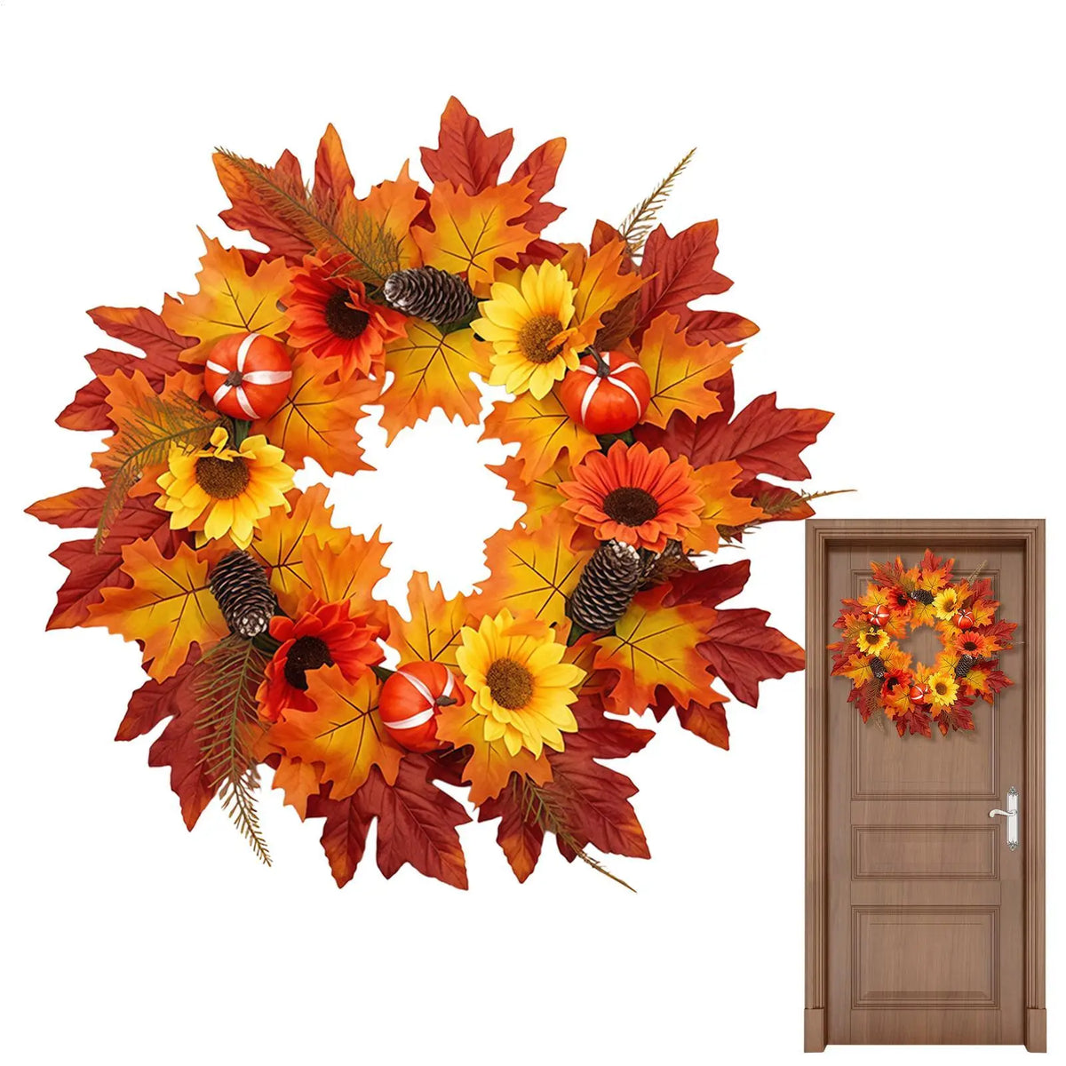56cm Fall Harvest Pumpkin Maple Leaf Wreath | Autumn Door Decor Seasonal Door Wreath PLUSH