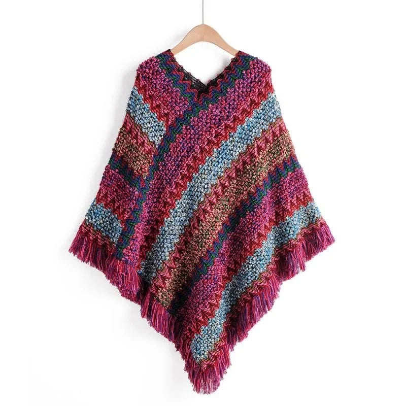 Women's Colorful Knit Poncho Cape Tassel Ethnic Shawl Cardigan Knit Poncho Cape PLUSH