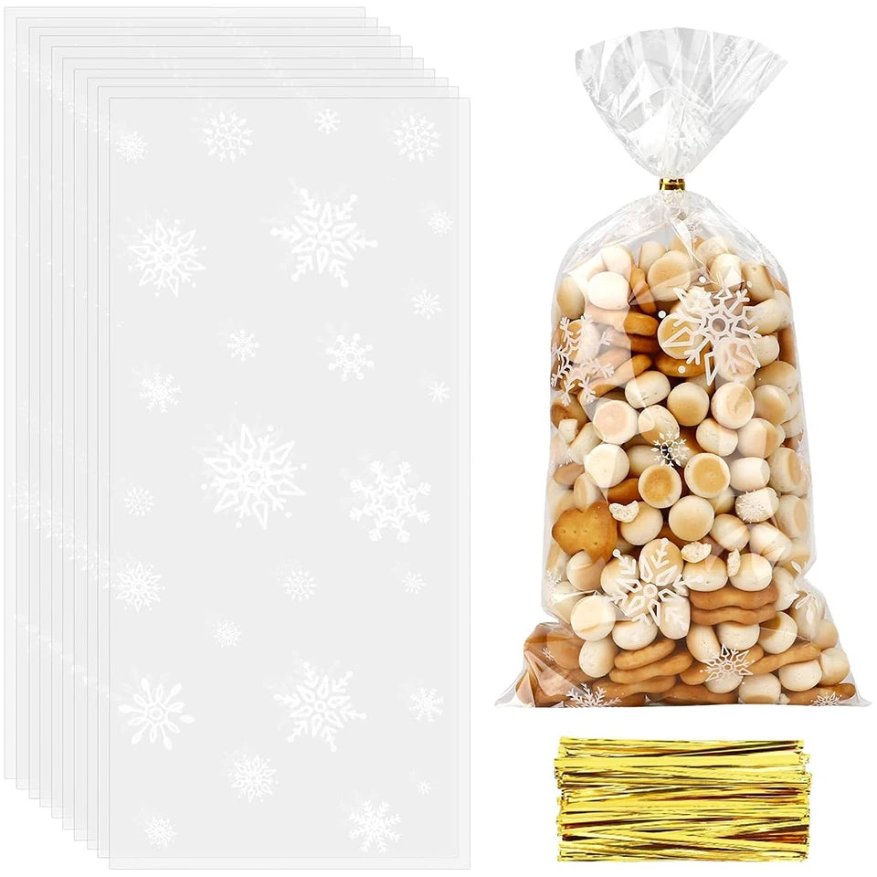 50/100PCS Christmas Snowflake Transparent Candy & Gift Bags Holiday Gift Bags PLUSH WHITE 100PCS