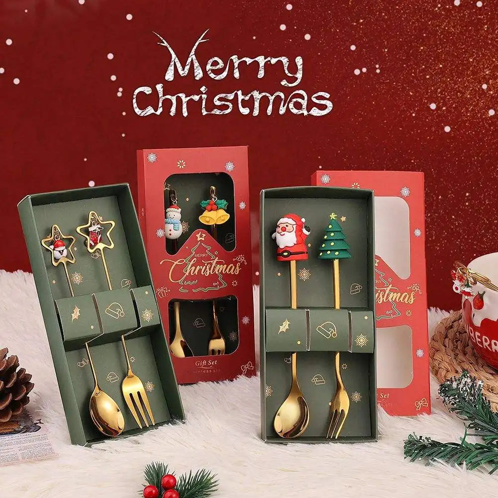 Santa Spoon & Fork Set – Christmas Holiday Dessert Tableware Holiday Flatware Set PLUSH