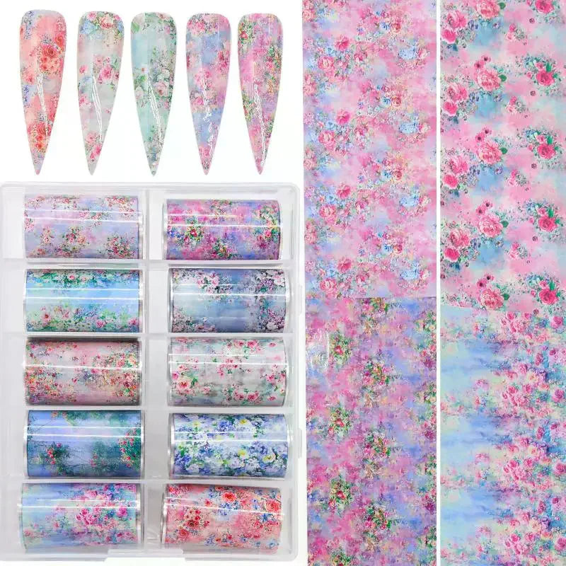 Floral Nail Art Transfer Foils Set – 10 Rolls Rose & Leaf Nail Art Foils PLUSH