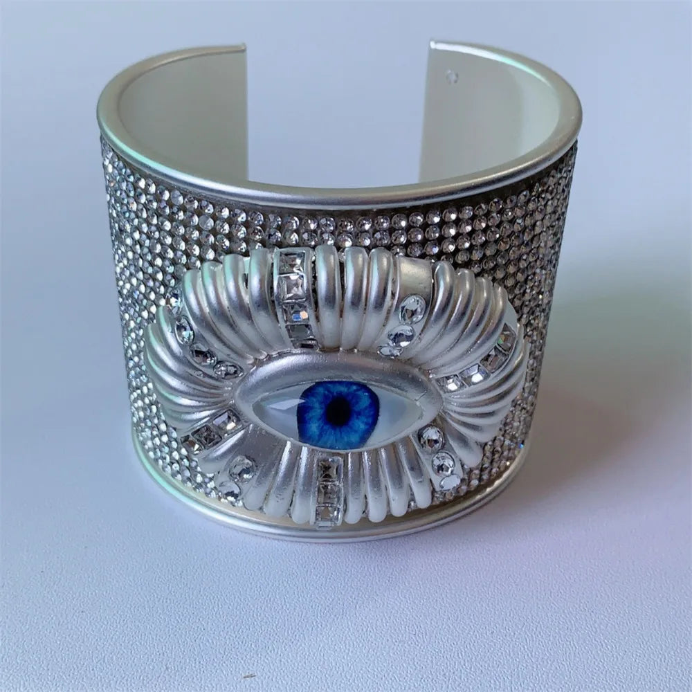 Rhinestone Demon Eye Wide Cuff Bangle – Punk Alloy Bracelet Cuff Bangle PLUSH Style 2 50-52mm WHITE
