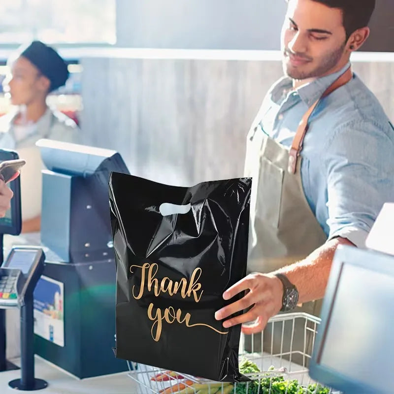 50pcs Black Thank You Plastic Shopping Bags | Party & Retail Plastic Shopping Bags PLUSH
