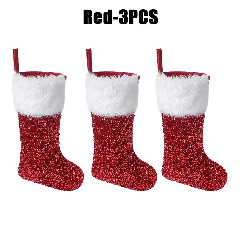 Large Flip Sequin Christmas Stockings – Fireplace Holiday Decor Christmas Stocking PLUSH 27x42cm Red-3PCS