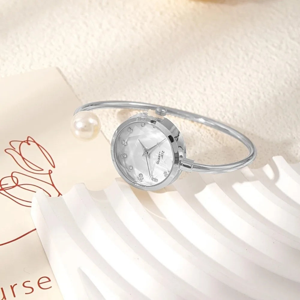 Elegant Pearl Bracelet Watch – Rhinestone Quartz Wristwatch Bracelet Watch PLUSH Silver
