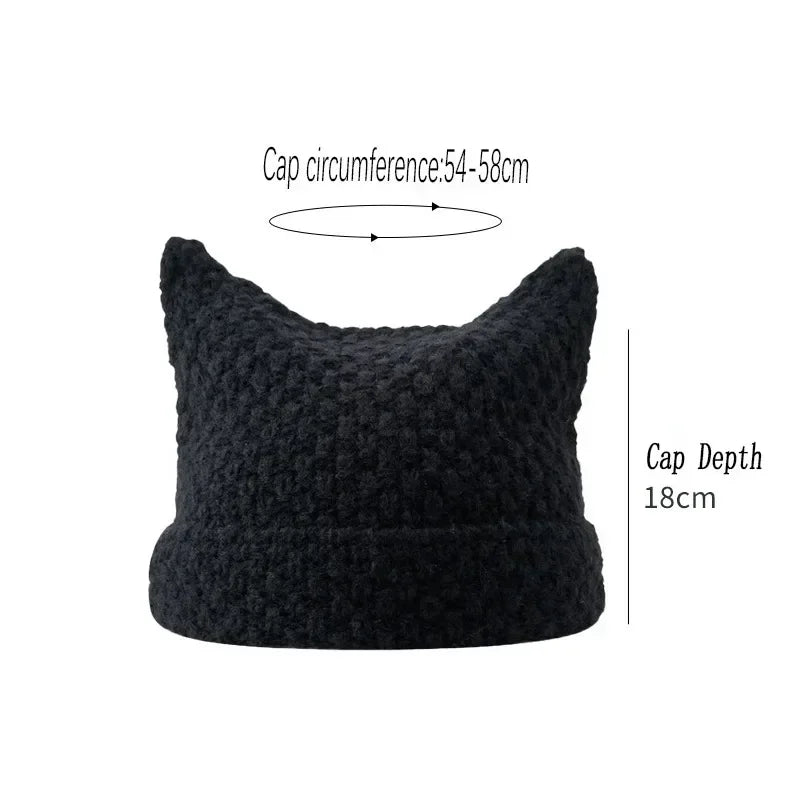 Cute Cat Ears Striped Knit Beanie – Warm Winter Hat Knit Beanie Hat PLUSH