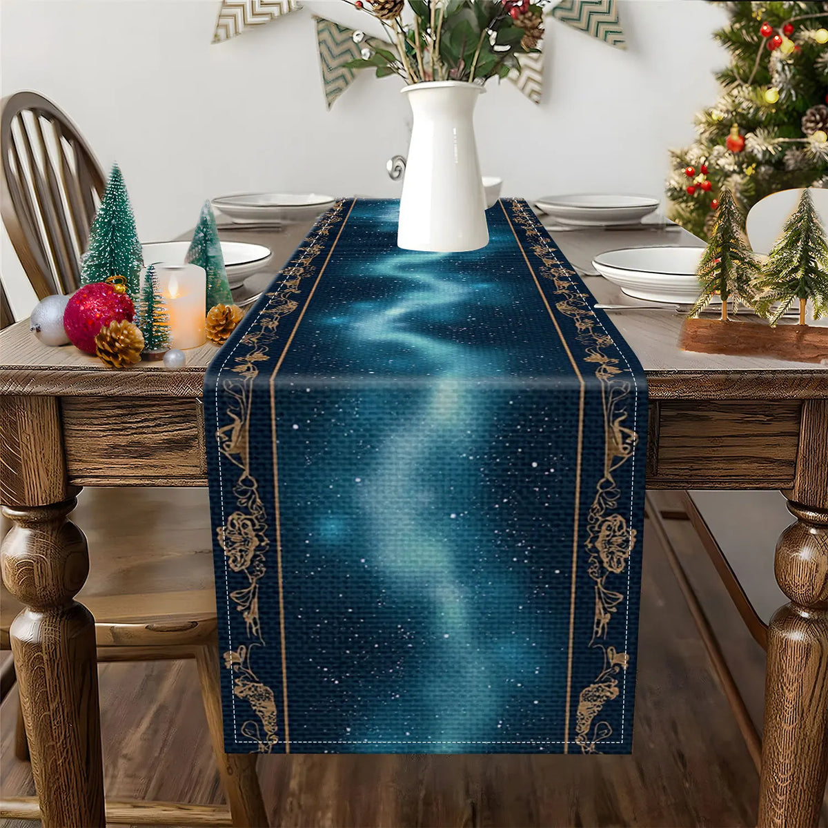 Starry Sky Table Runner – Aurora Forest Fantasy Party Decor Table Runner PLUSH