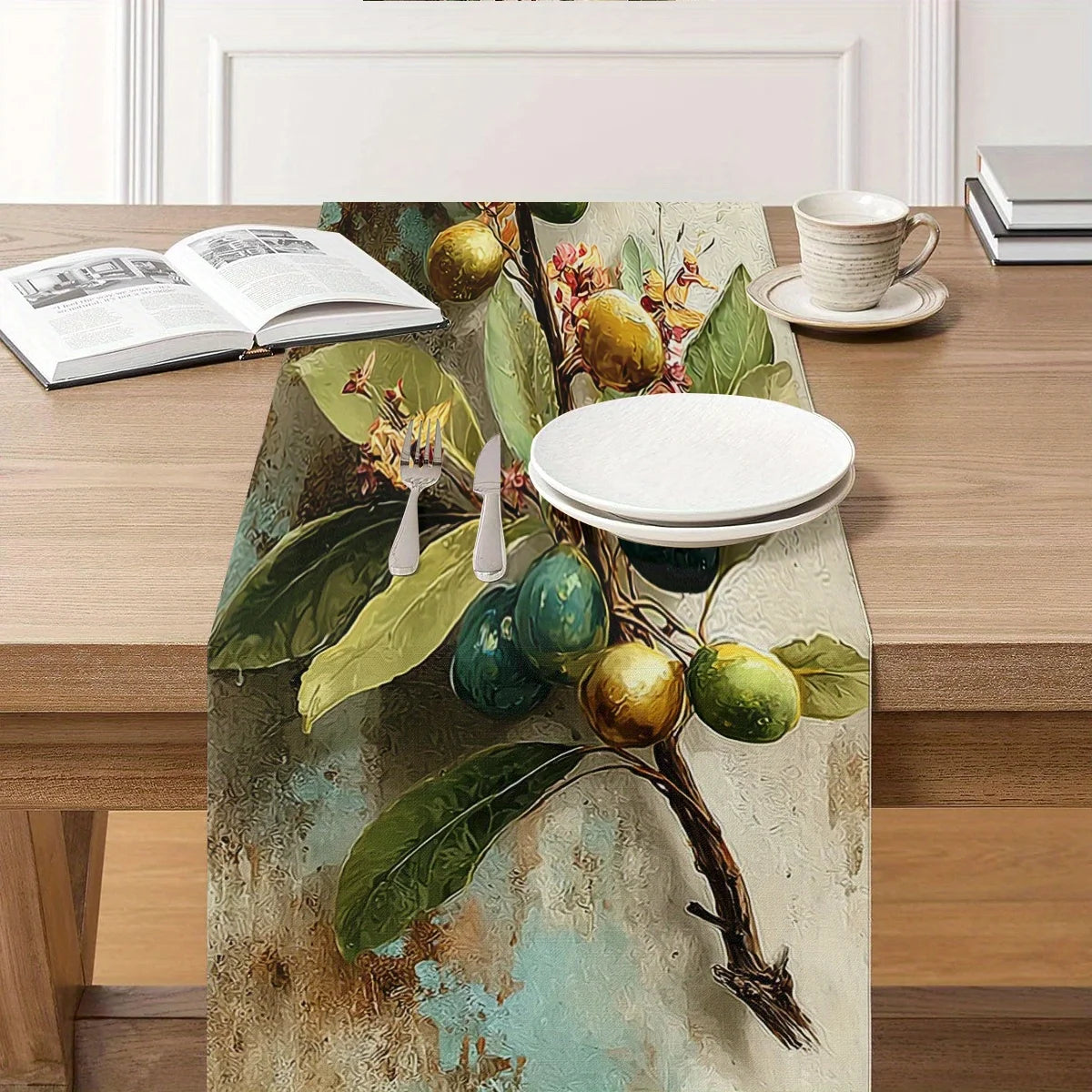 Retro Olive Branch Table Runner | Oil Painting Style Décor Decorative Table Runner PLUSH