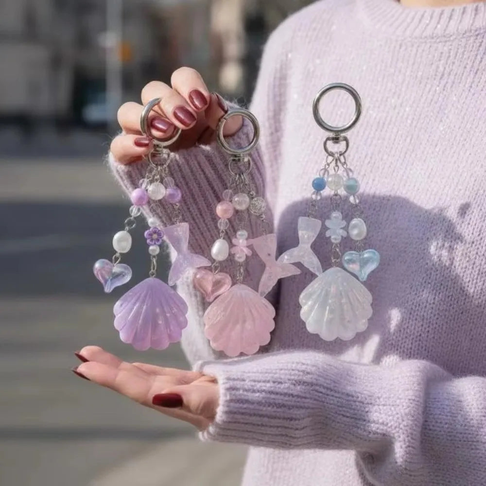 Shell Beaded Phone Charm Keychain – Glitter Sequin & Pearl Shell Charm Keychain PLUSH