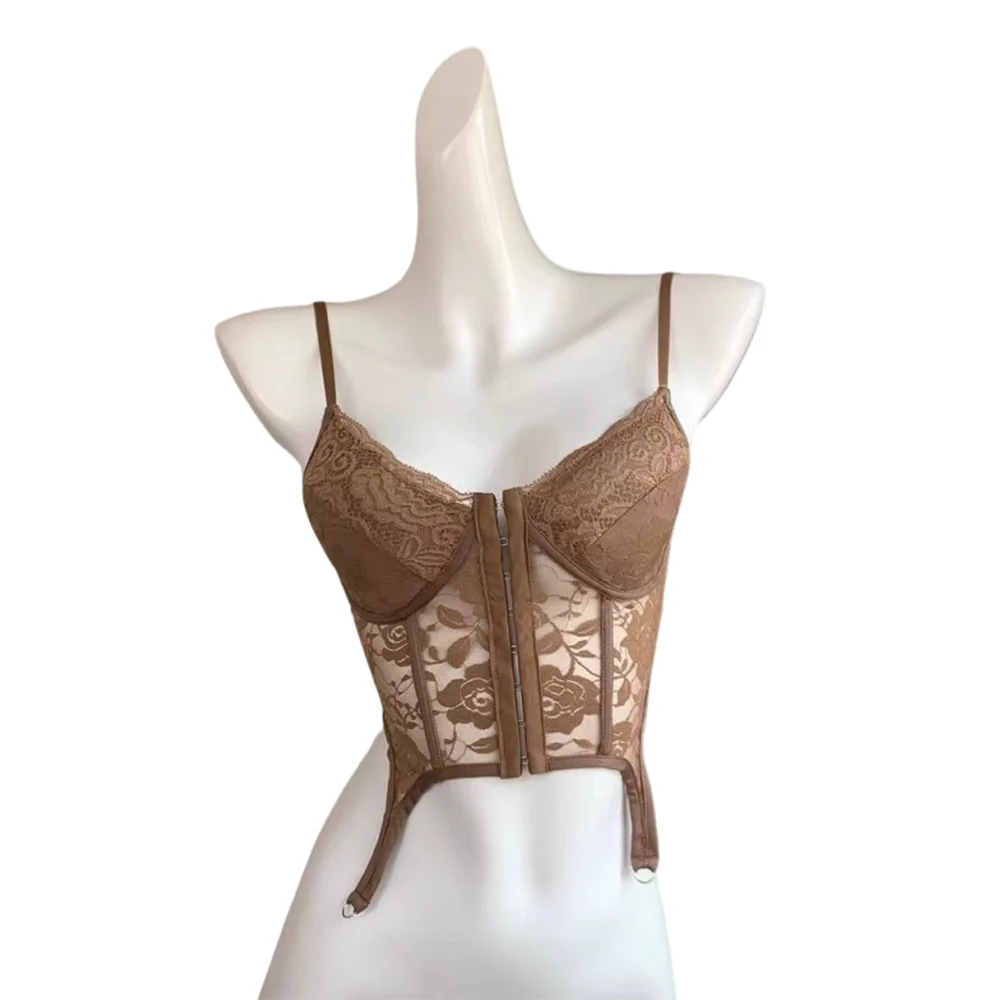 Y2K V-Neck Lace Corset Camisole Top | Adjustable Straps Lace Corset Camisole PLUSH Khaki S