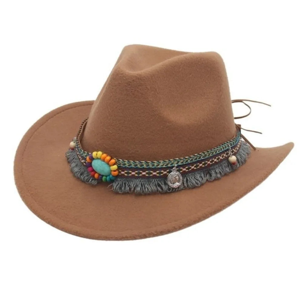 Wide Brim Western Cowboy Hat with Tassels – Unisex Cosplay Western Cowboy Hat PLUSH