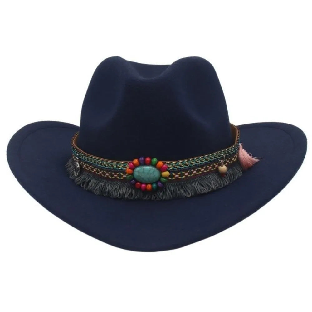 Wide Brim Western Cowboy Hat with Tassels – Unisex Cosplay Western Cowboy Hat PLUSH Navy Blue